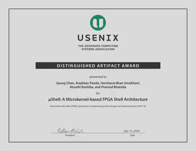 Distinguished Artifact Award certificate for μShell at OSDI 2026
